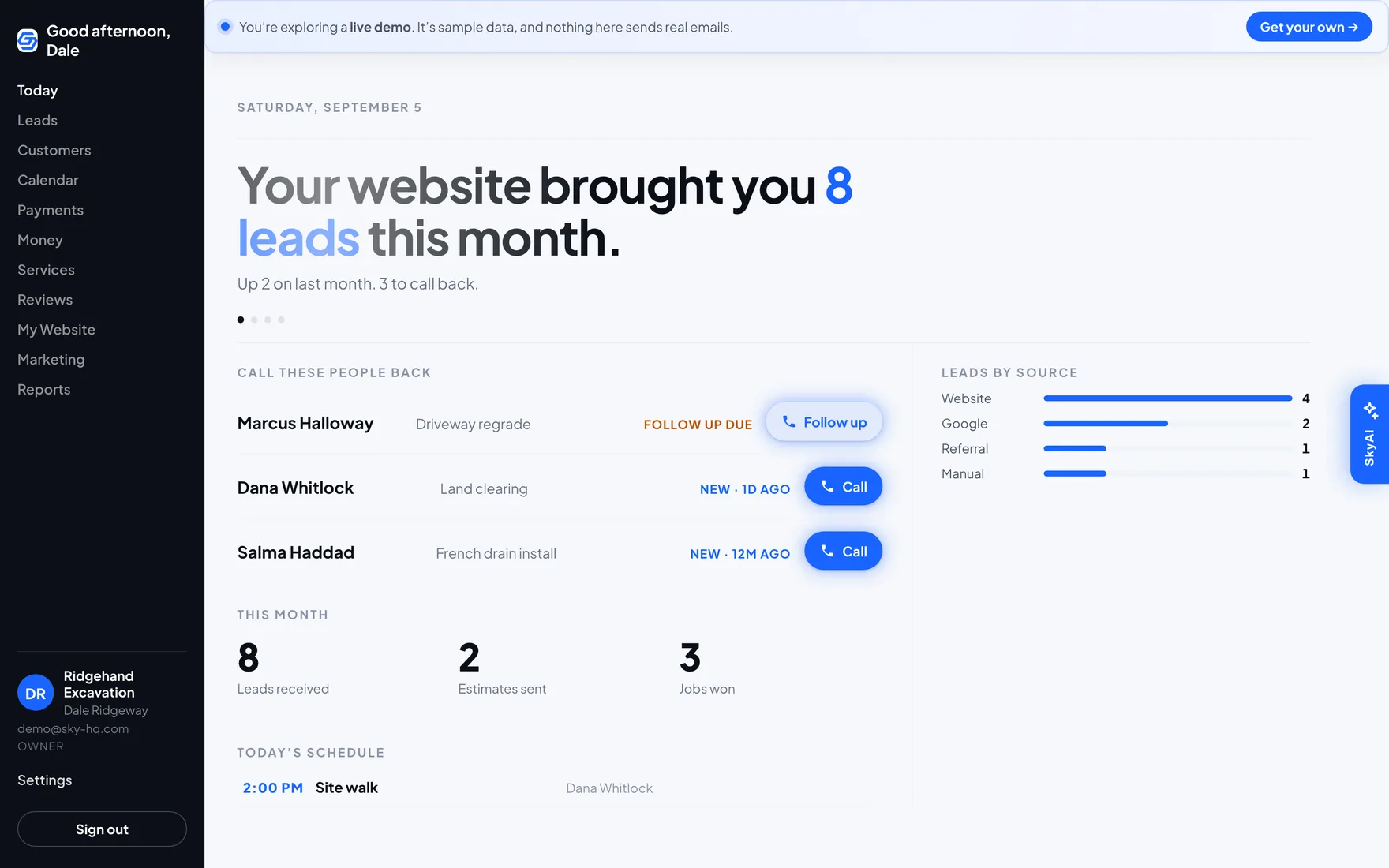 The GroSolo dashboard, showing eight leads this month, a call-back list and leads by source.