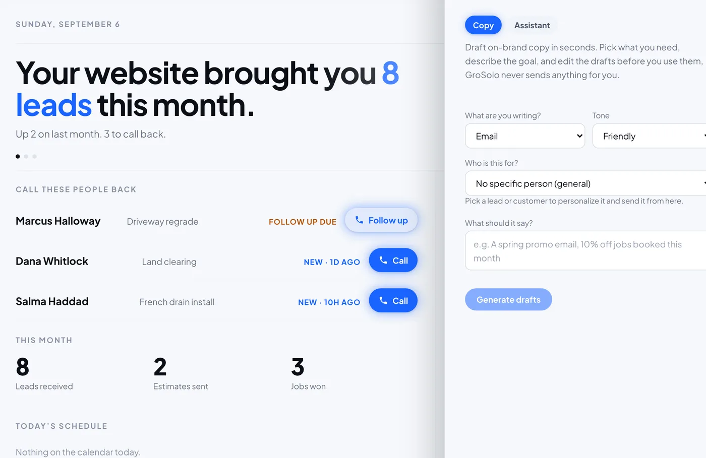 The GroSolo AI panel, with a form for choosing what to write, the tone, and who it is for.