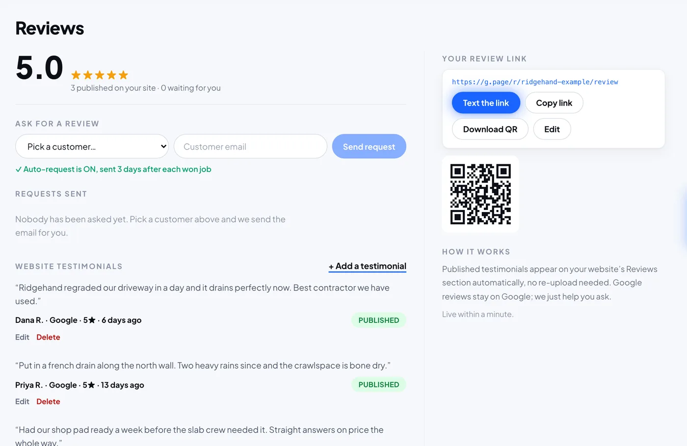 The reviews screen, showing customer reviews with their rating and publish state.